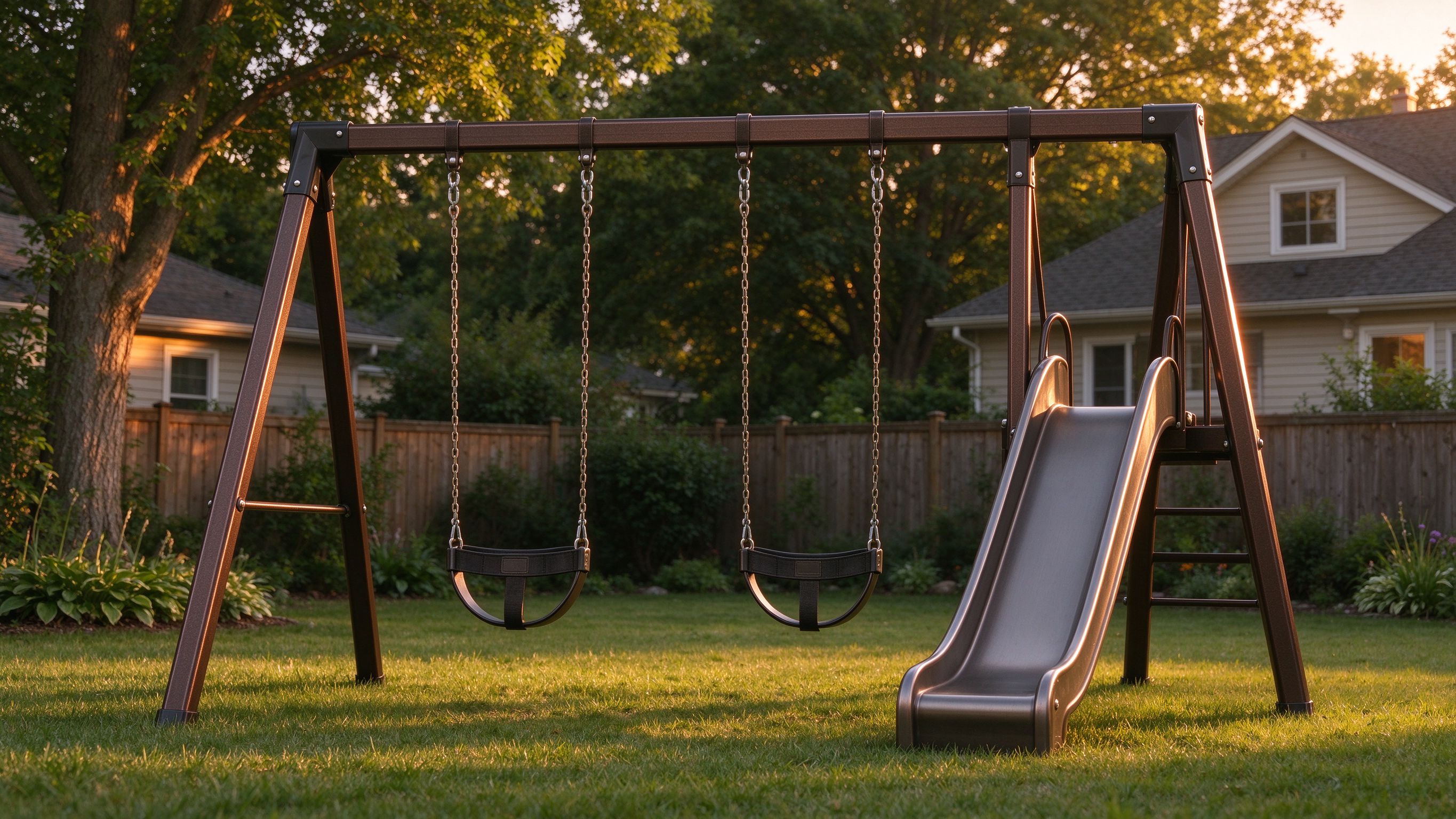 Nivslyn outdoor swing set with dual belt swings and slide in a backyard