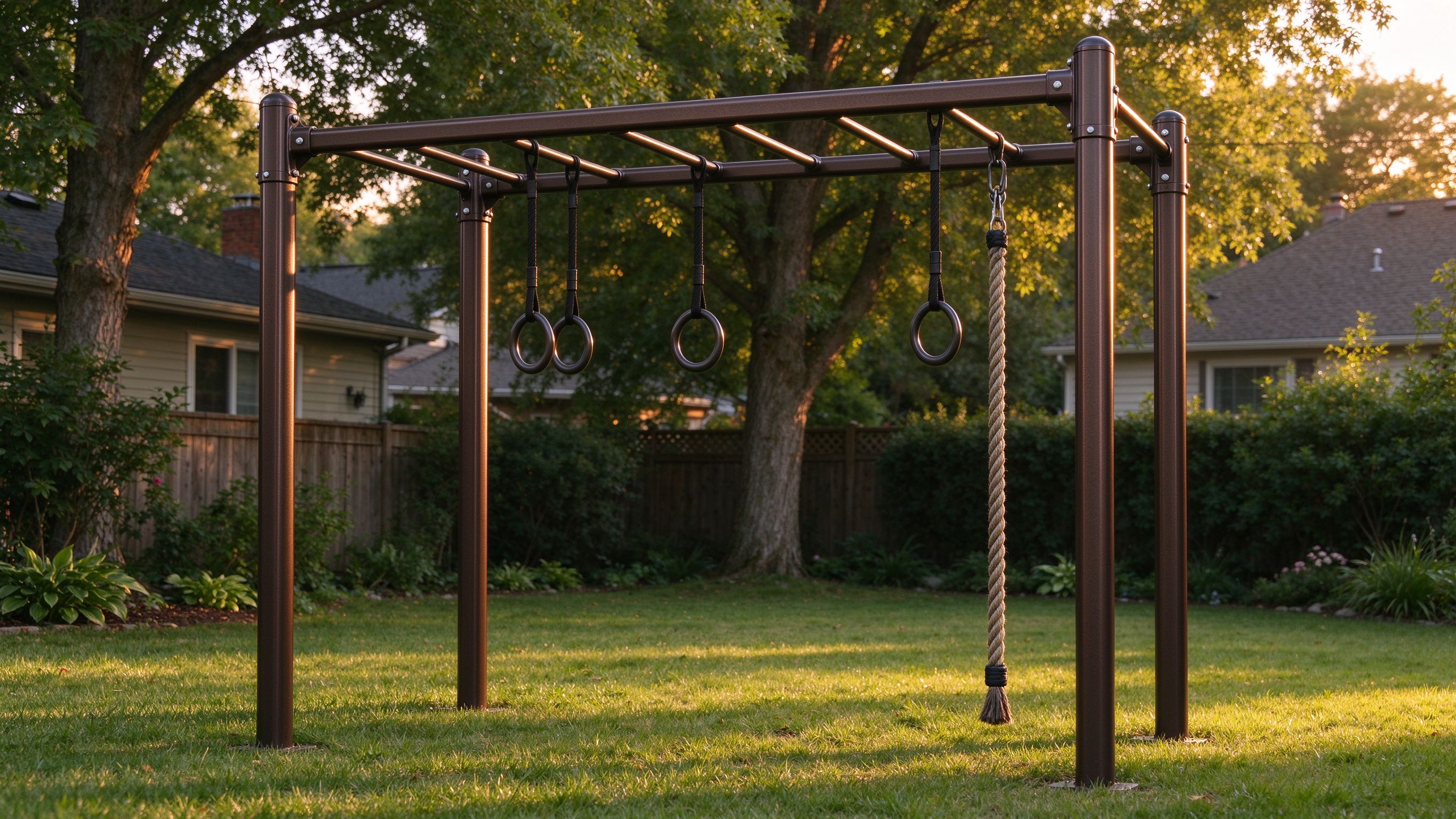 Nivslyn outdoor monkey bar with hanging rings and climbing rope in a backyard